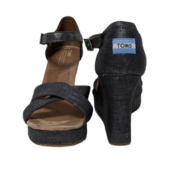 TOMS Metallic Denim Strappy Wedge Heels 12 - Picture 2 of 12